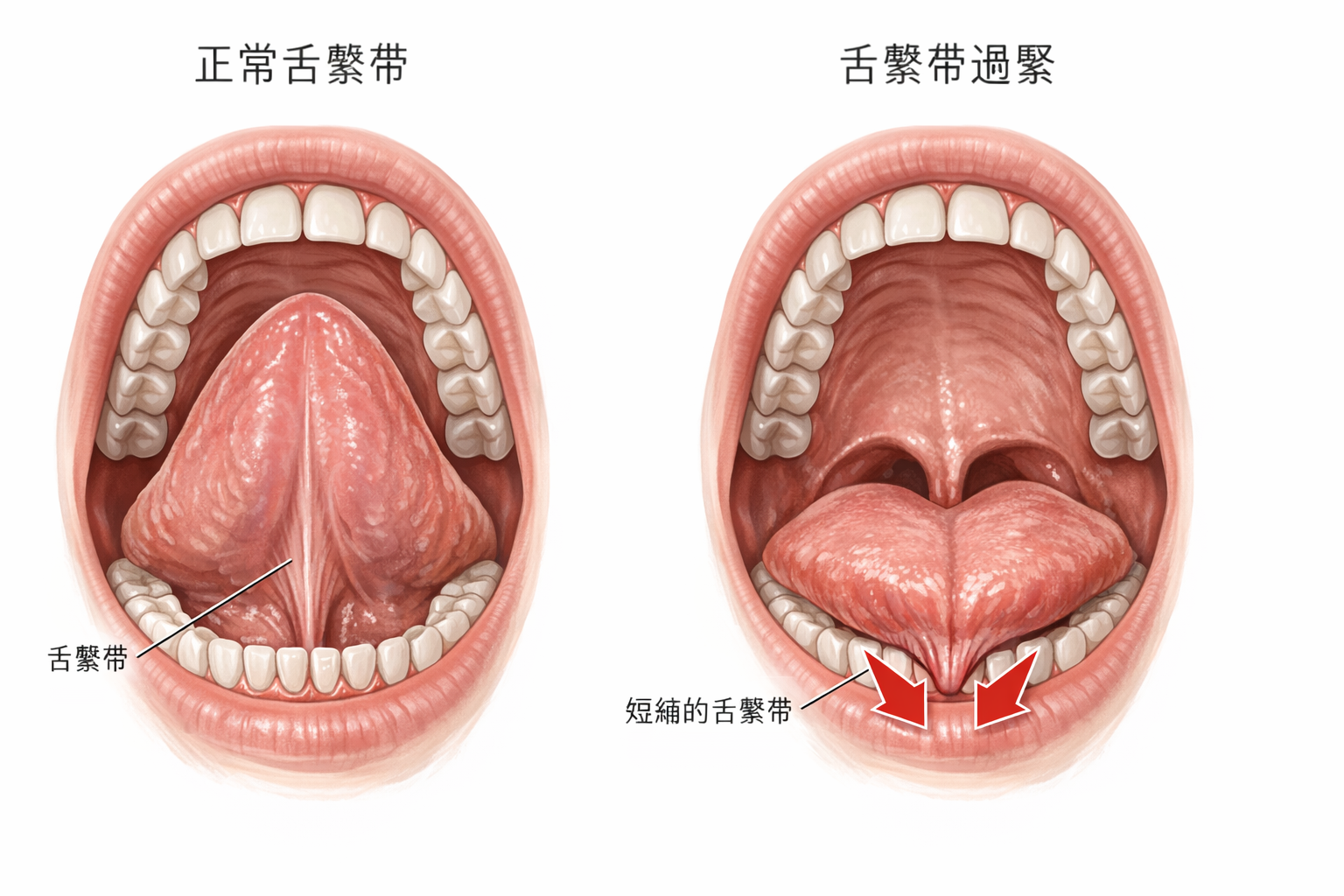 正常舌繫帶 vs 舌繫帶過緊解剖對比圖