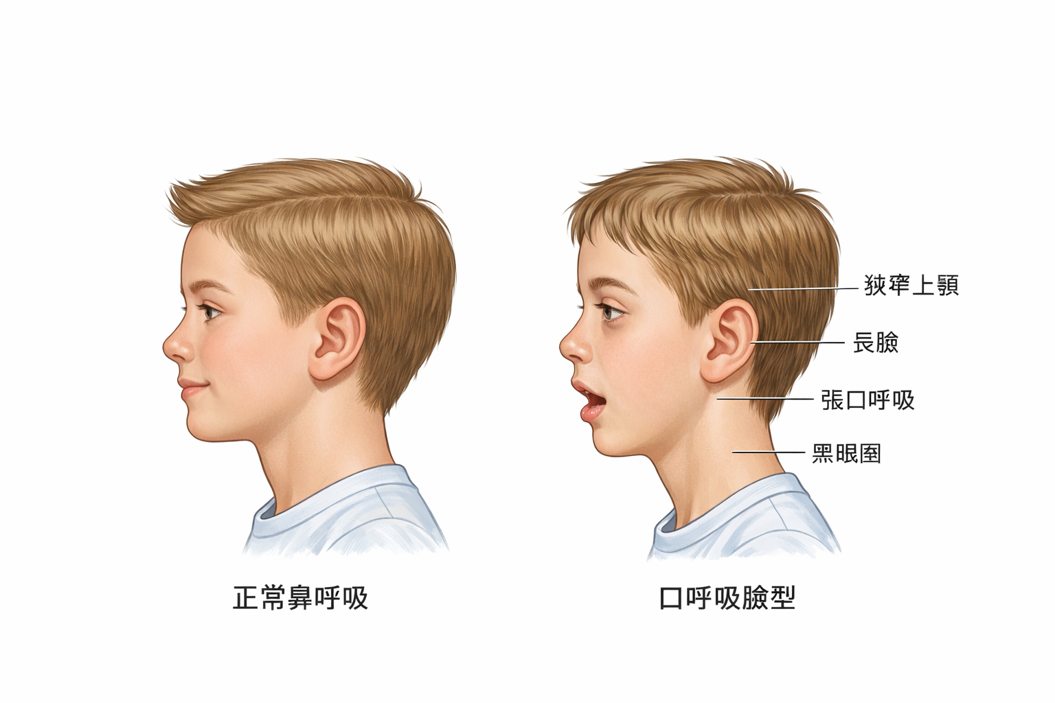 口呼吸臉型 vs 正常鼻呼吸臉型對比圖