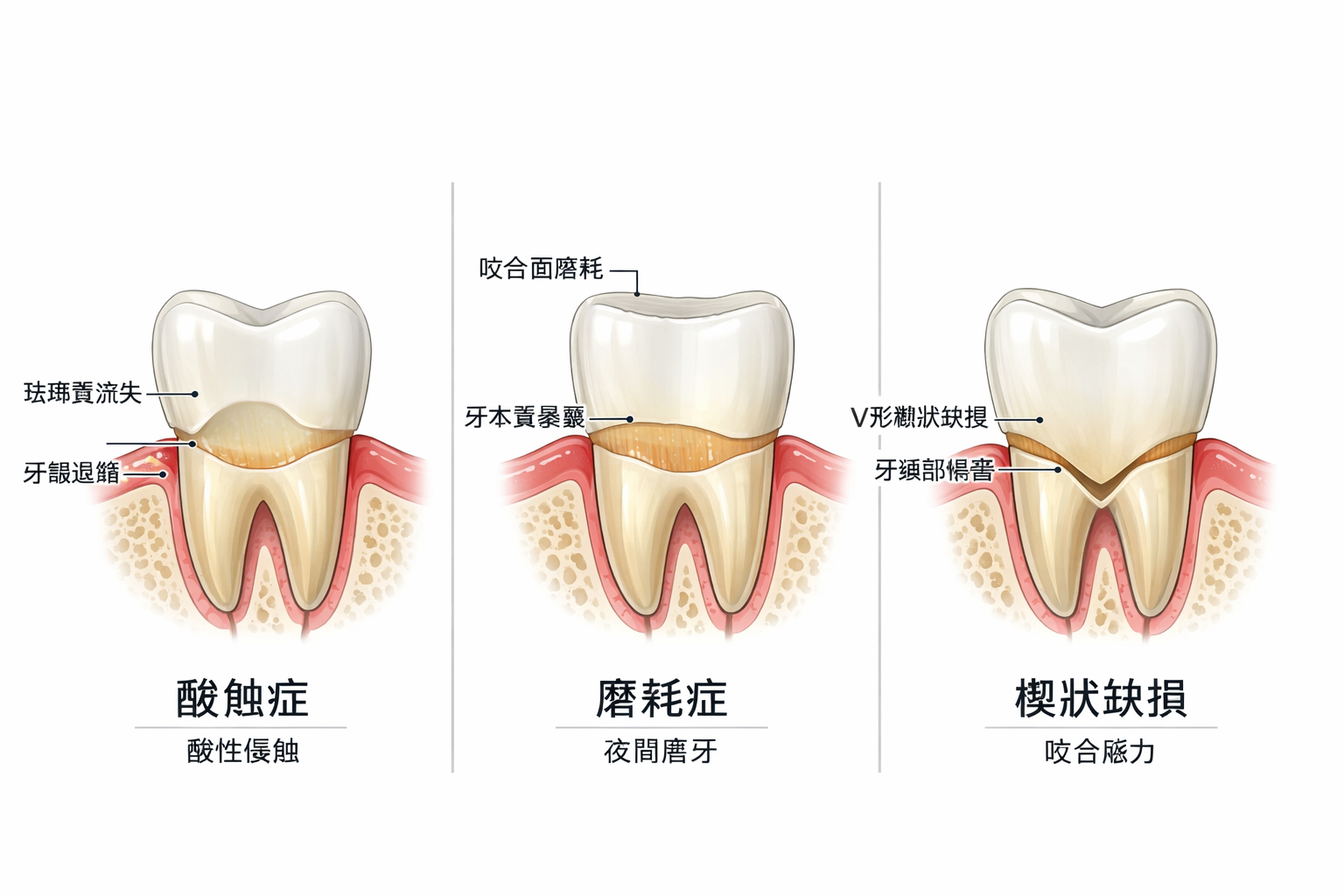 酸蝕 vs 磨耗 vs 應力裂解三型比較圖