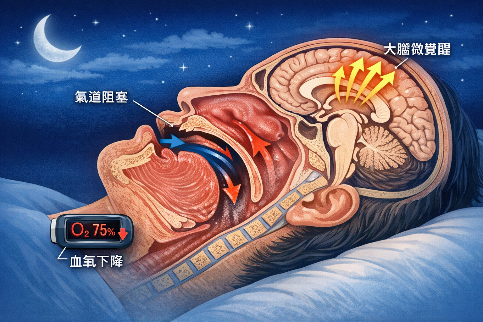 睡眠呼吸中止症氣道阻塞與大腦覺醒機制示意圖
