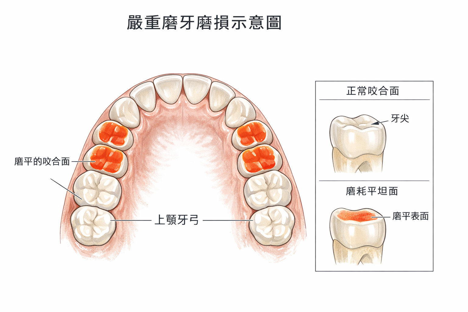 磨牙造成牙齒磨耗示意圖