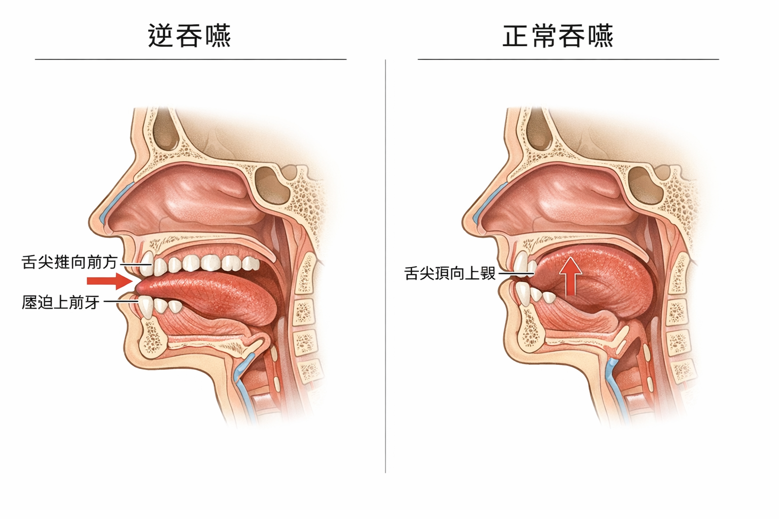 正常吞嚥 vs 逆吞嚥舌頭位置對比圖